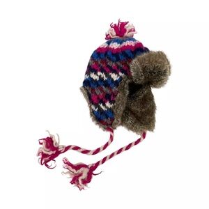 American Eagle Trapper Hat Pink Blue Wool Alpaca Knit Faux Fur Lined Tassels